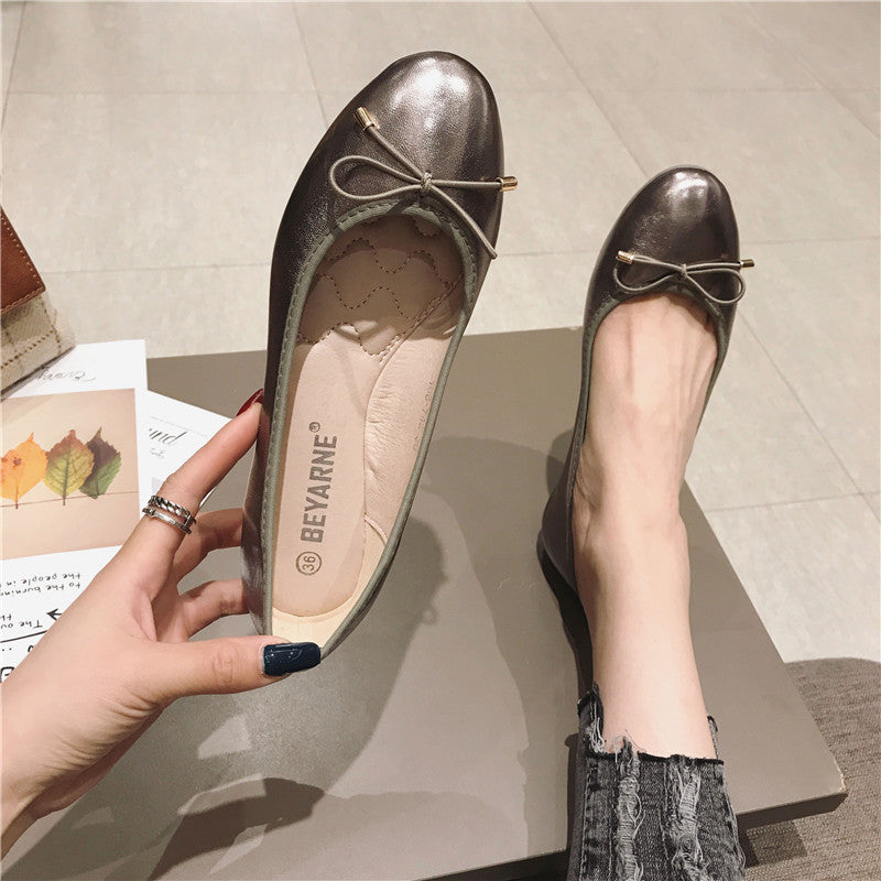 Round Toe Bowknot Low-cut Flat Bottom Pumps Women Shoes