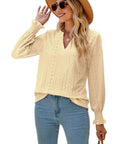 Solid Color Hollow-out Pleated Ruffle Shirts Sleeve V-neck Loose Long Sleeve Tops Women