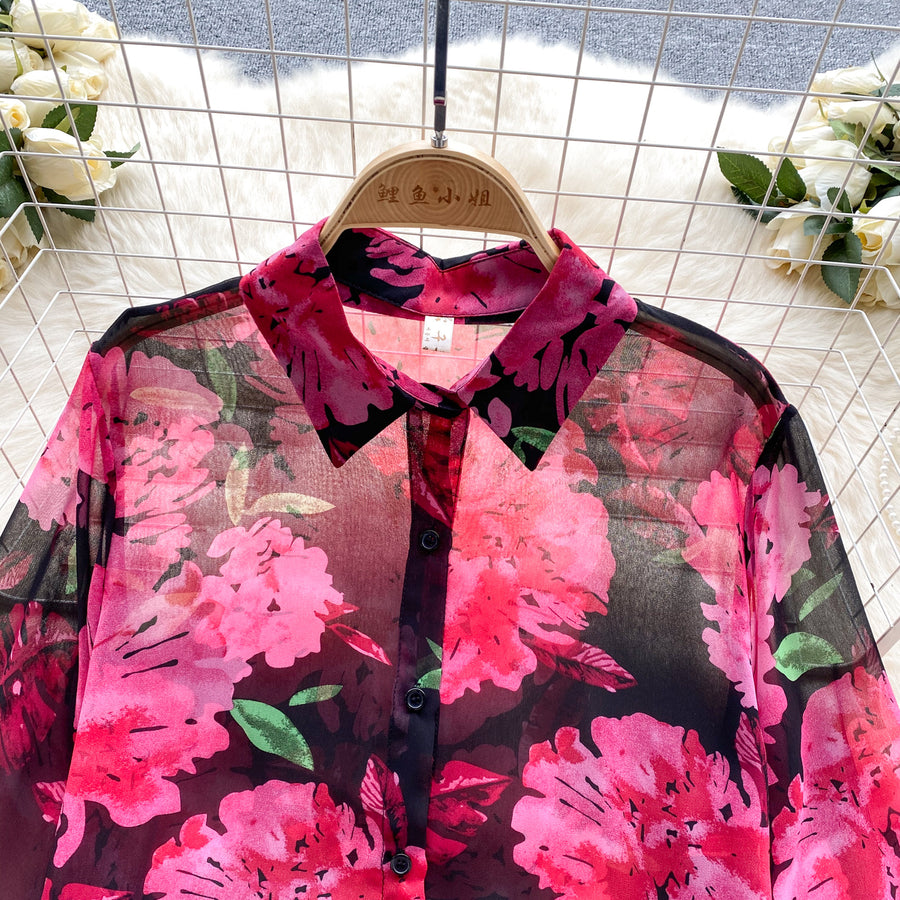 French Retro Tulle Floral Shirt For Women Summer