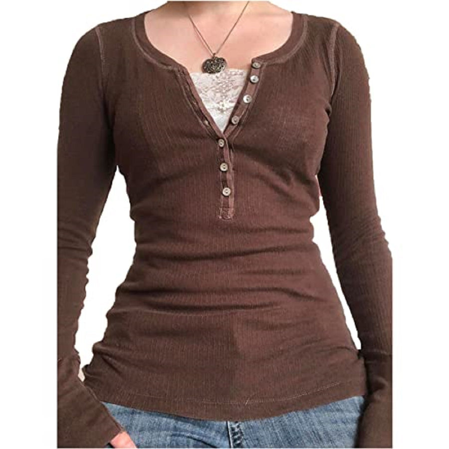 Button Pullover Long Sleeve Top Fake Two Pieces T-shirt