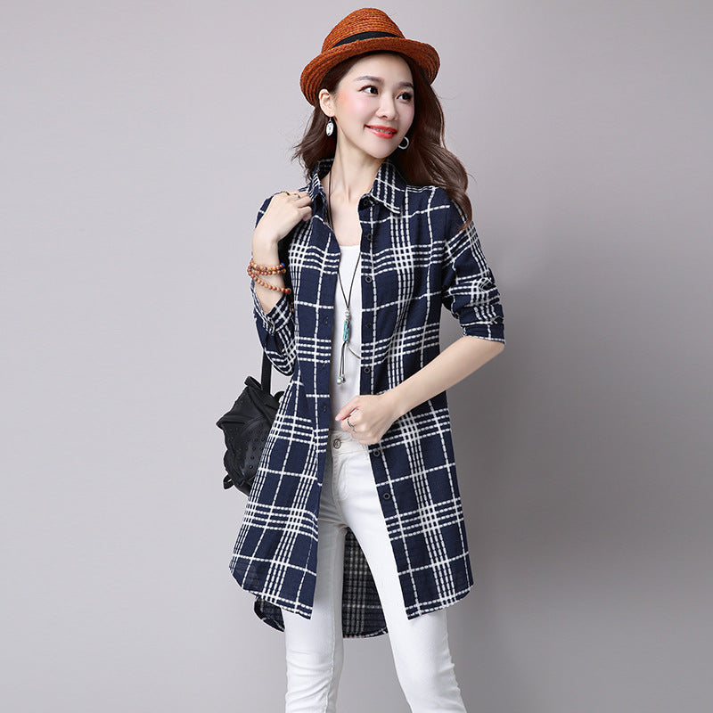 Plaid Women's Shirt, Long Sleeves, Loose And Thin, Mid-length Women