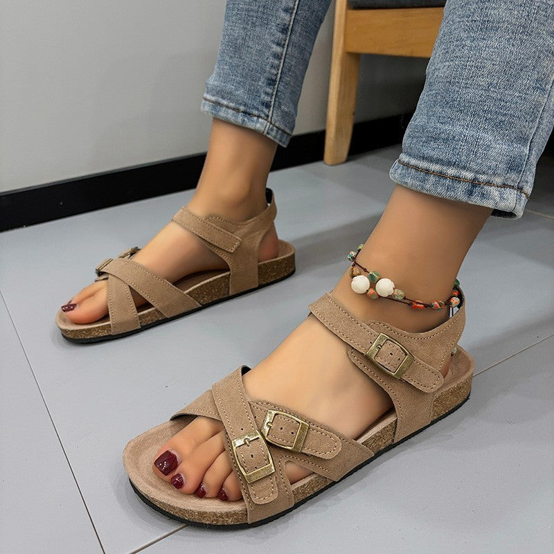 Women's Belt Buckle Cross Strap Large Size Flat Bottom Casual Slippers