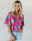 Women's Spring V-neck Chiffon Shirt Printed Short-sleeved Top