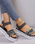 Fashion Tassel Denim Sandals With Thick-soled Flat Heel New Summer Hemp Rope Sole Ethnic Style Shoes For Women