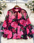 French Retro Tulle Floral Shirt For Women Summer