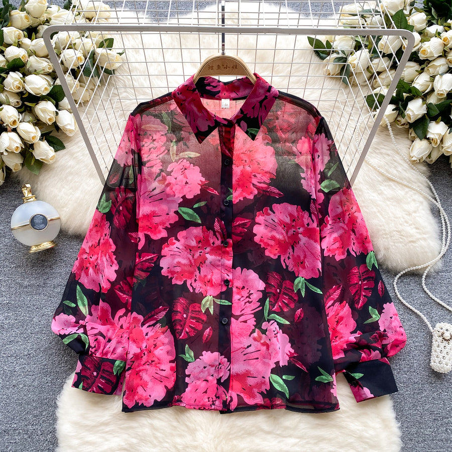 French Retro Tulle Floral Shirt For Women Summer