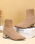 Women's Fashion High Heel Pointed Toe Chunky Heel Stretch Knitted Boots