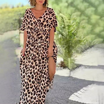 European And American Loose Leopard Print Short Sleeve Length Dress