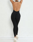 Halter Bare Back Yoga Jumpsuit Pleated Pocket Peach Hip Tight Sports Fitness Jumpsuit For Women