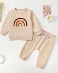 Children's Four-color Towel Embroidery Rainbow Long-sleeved Shirt Fake Drawstring Trousers Two-piece Set