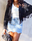 Women's Faux Suede Leather Fringe Jacket Motorcycle Moto Biker Short Open Front Tassel Coat