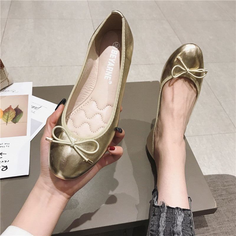 Round Toe Bowknot Low-cut Flat Bottom Pumps Women Shoes