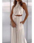 Summer Suits Casual Sleeveless Midriff-baring Top And Wide Leg Pants 2pcs Set Womens Clothing