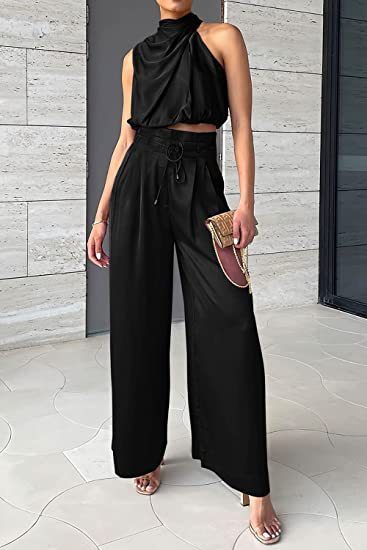 Summer Suits Casual Sleeveless Midriff-baring Top And Wide Leg Pants 2pcs Set Womens Clothing