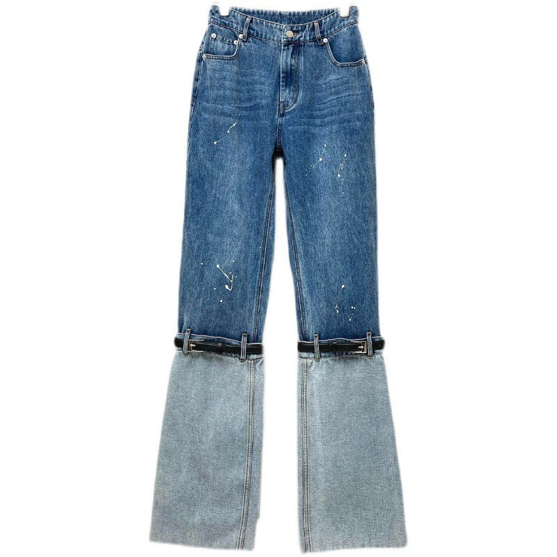 Women's Contrasting Color Patchwork Washed Jeans