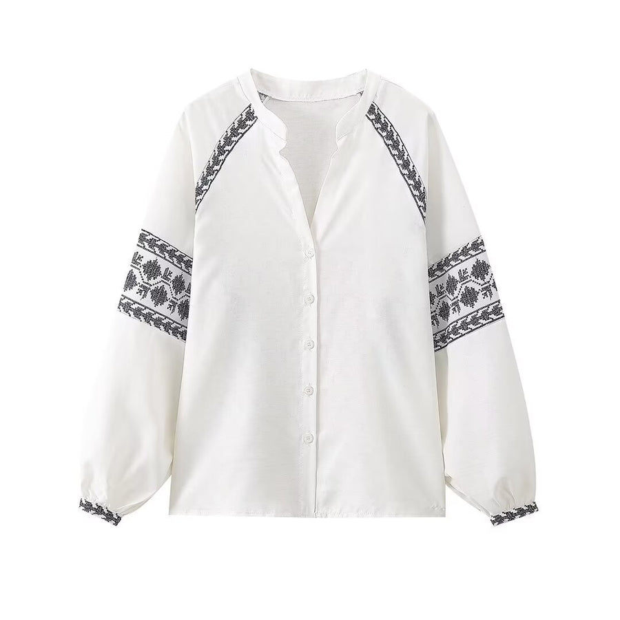 Women's Fashionable White Cotton And Linen Shirt