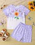 Girls Sunflower And Butterfly Pattern Short Sleeve Top Shorts Suit