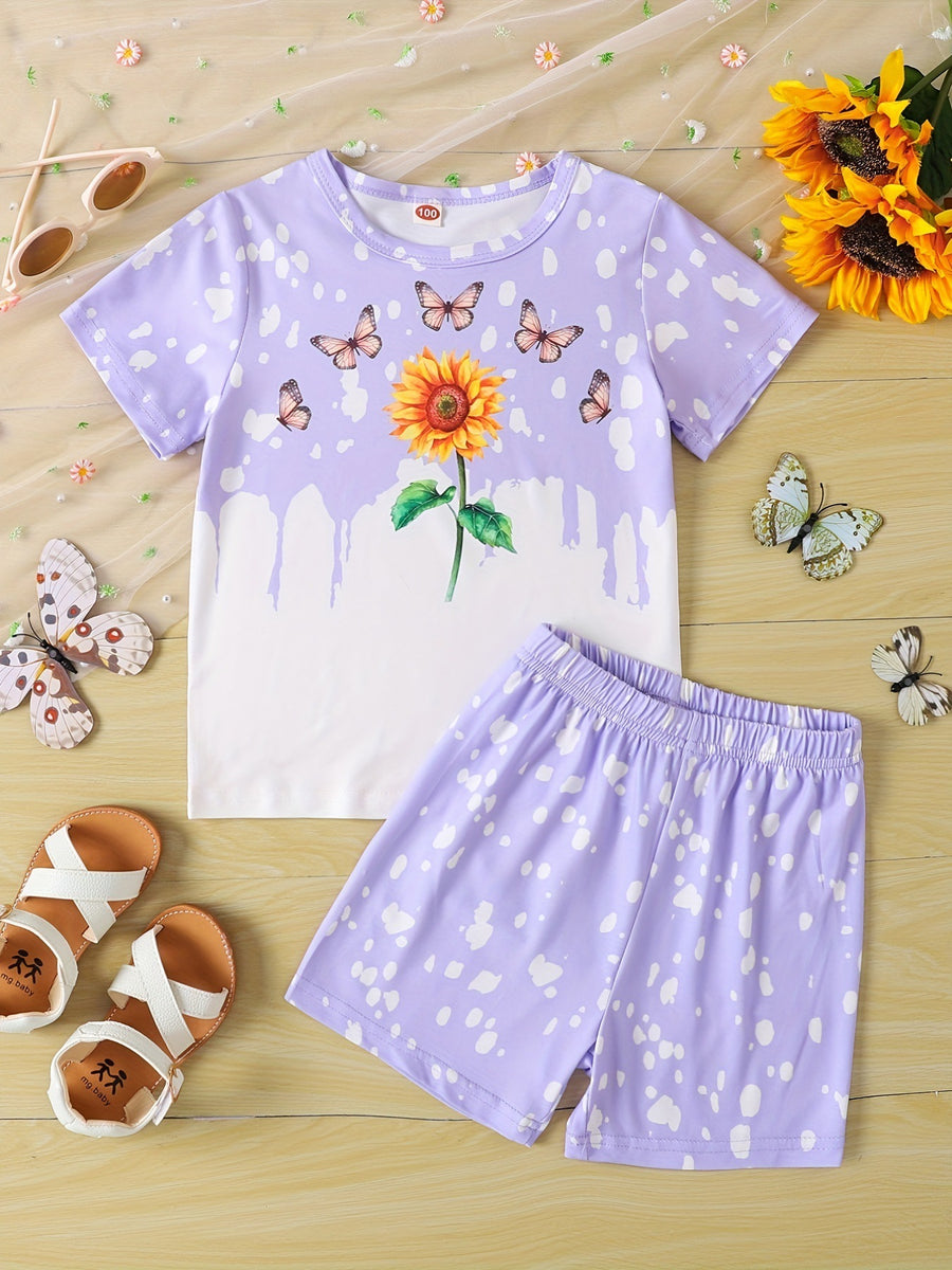 Girls Sunflower And Butterfly Pattern Short Sleeve Top Shorts Suit