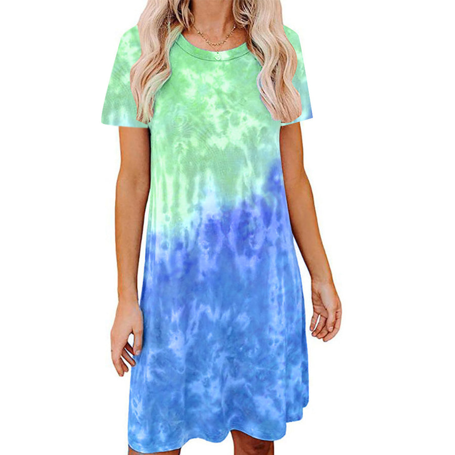 Tie-dye Printed Loose Short-sleeved Dress Women