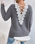 Lace Backless Hollow Out V-neck Pullover Long Sleeve Sweater