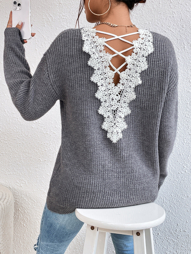 Lace Backless Hollow Out V-neck Pullover Long Sleeve Sweater