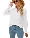 Solid Color Hollow-out Pleated Ruffle Shirts Sleeve V-neck Loose Long Sleeve Tops Women