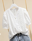 Cotton Embroidered Puff Sleeve Shirt Tops Women White Ladies Shirts