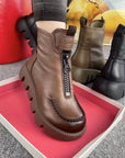 Cotton Boots Soft Full Grain Leather Retro Platform Motorcycle Boots Muffin Heel