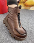 Cotton Boots Soft Full Grain Leather Retro Platform Motorcycle Boots Muffin Heel