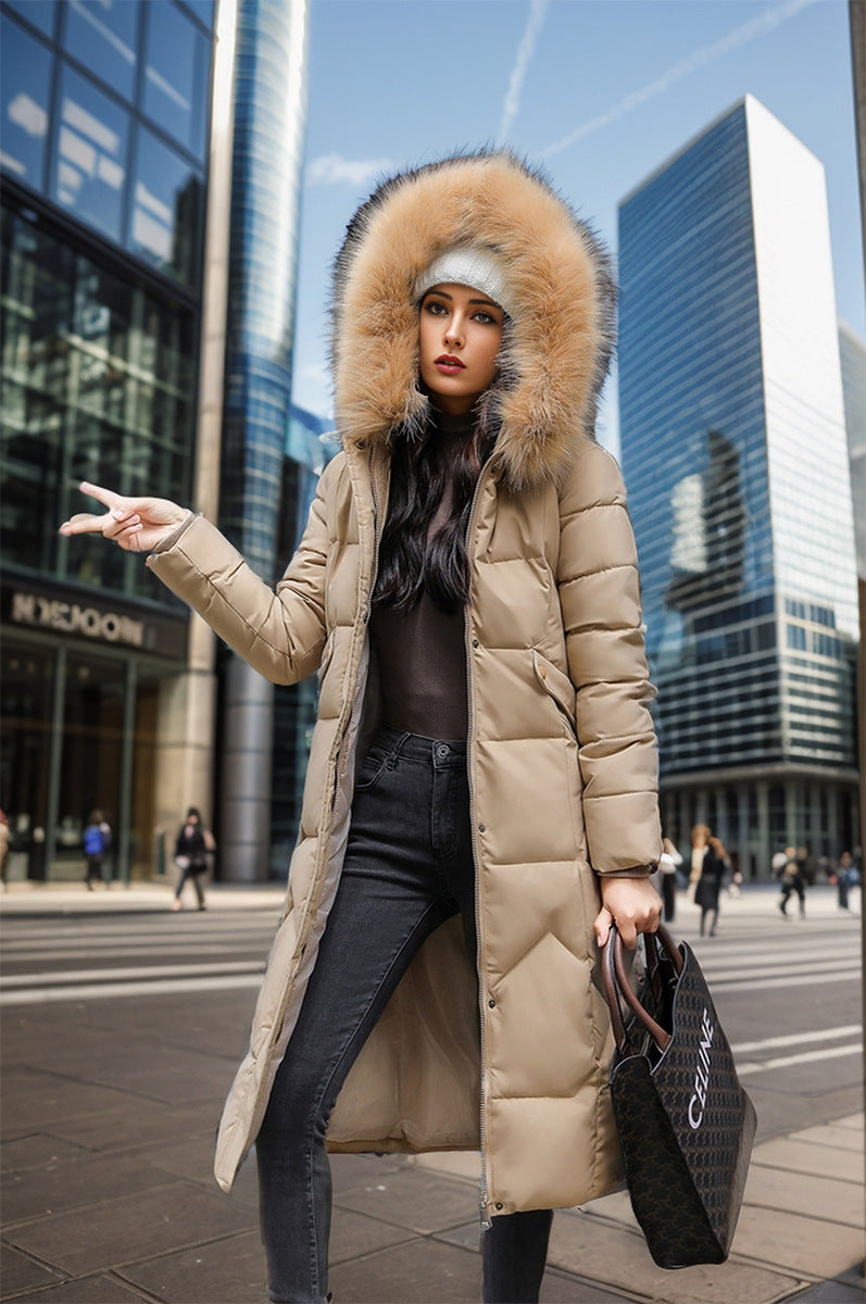 Slim Fit Below The Knee Cotton Coat Big Fur Collar Thickened Padded Jacket