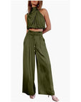 Summer Suits Casual Sleeveless Midriff-baring Top And Wide Leg Pants 2pcs Set Womens Clothing