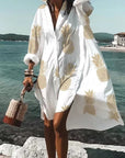 Women's Loose Digital Printing Long-sleeved Lapel Shirt Dress