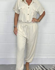 All-matching Solid Color Casual Polo Collar Shirt Wide Leg Jumpsuit For Women