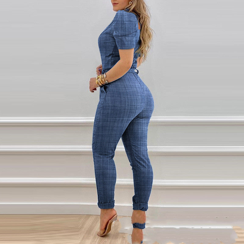 European And American Puff Sleeve Lace-up Jumpsuit Women