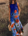 Sleeveless Stitching Printing Sling Long Women's Loose Split Dress