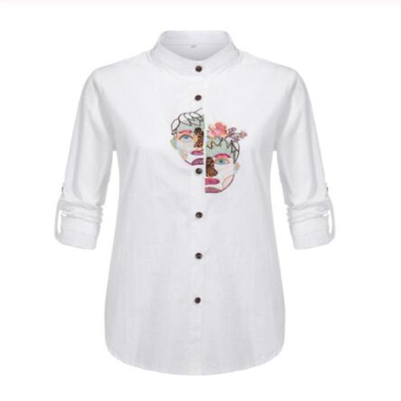 Retro cotton and linen embroidery casual shirt