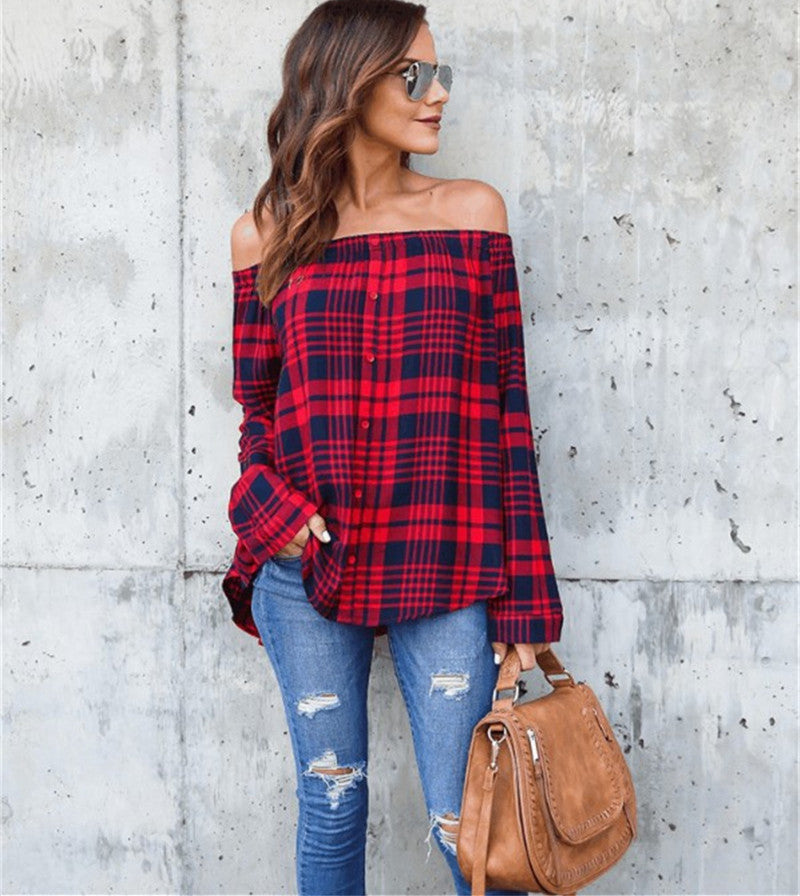 One-collar plaid shirt top