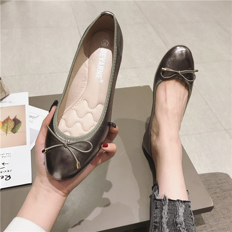 Round Toe Bowknot Low-cut Flat Bottom Pumps Women Shoes