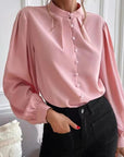 Commute Style Solid Color Round Neck Long Sleeve Single-breasted Women's Shirt