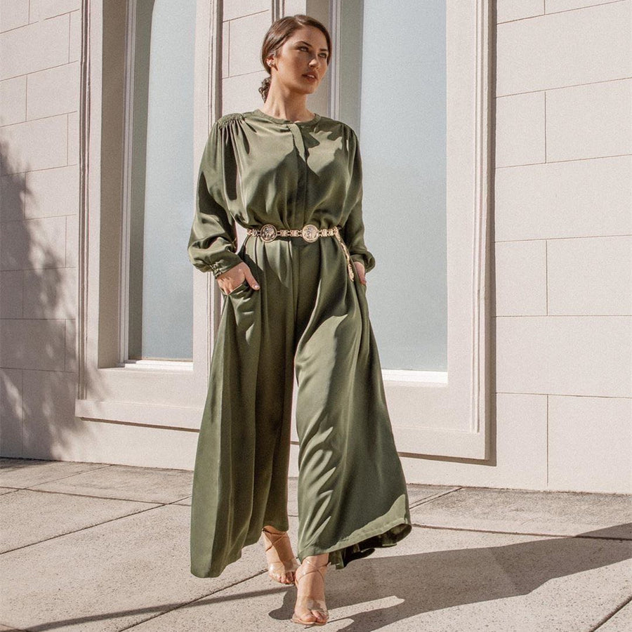 Plus Size Solid Casual Women Thicken Satin Long Sleeve Wide Leg Jumpsuit