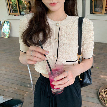 Elegant Temperament Small Fragrance Ice Silk Pullover Round Neck Texture Knit Sweater Women Summer Short Top T-shirt