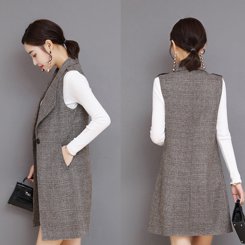 Plaid Long Blazer Vest Women Sleeveless Jacket