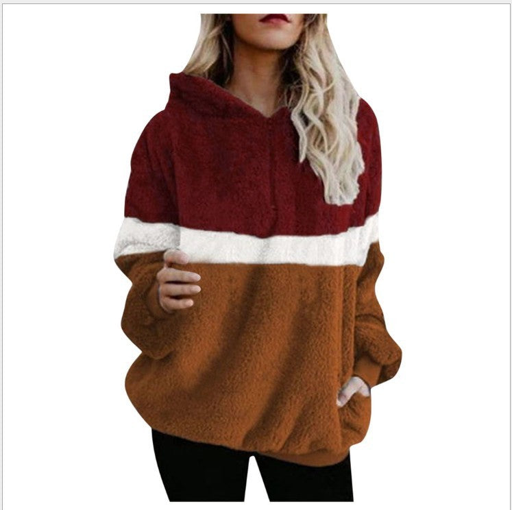 Three-color Stitching Fleece Hooded Sweater