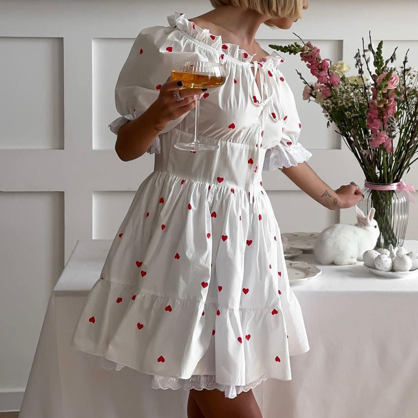 European, American And French Style Sexy Off-the-shoulder Heart Printing Dress