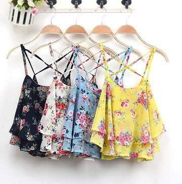 Blusa Hot 4Colors Women Summer Strap Floral Print Chiffon Blouse Sexy Tops Retro Floral Cross-Shoulder Shirts Sleeveless T