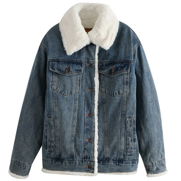 Plush Thick Lamb Wool Denim Jacket Women Short