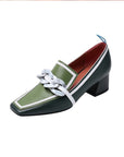 Color Matching Square Toe Women's Shoes Green Mid-Heel English Style Small Leather Shoes