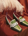 Color Matching Square Toe Women's Shoes Green Mid-Heel English Style Small Leather Shoes