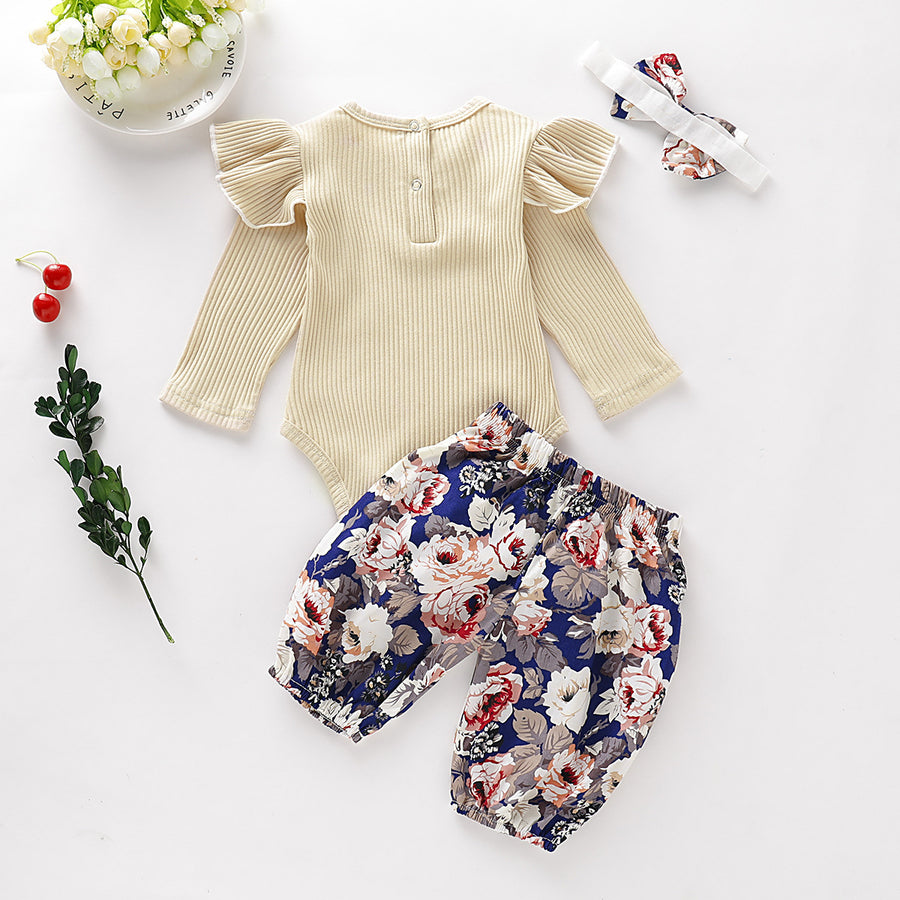 Cross-Border Children's Apricot Pit Strip Long-Sleeved Flower Printed Trousers Three-Piece Set