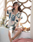 Banana Leaf Lapel Cardigan Pyjamas Home Imitation Silk